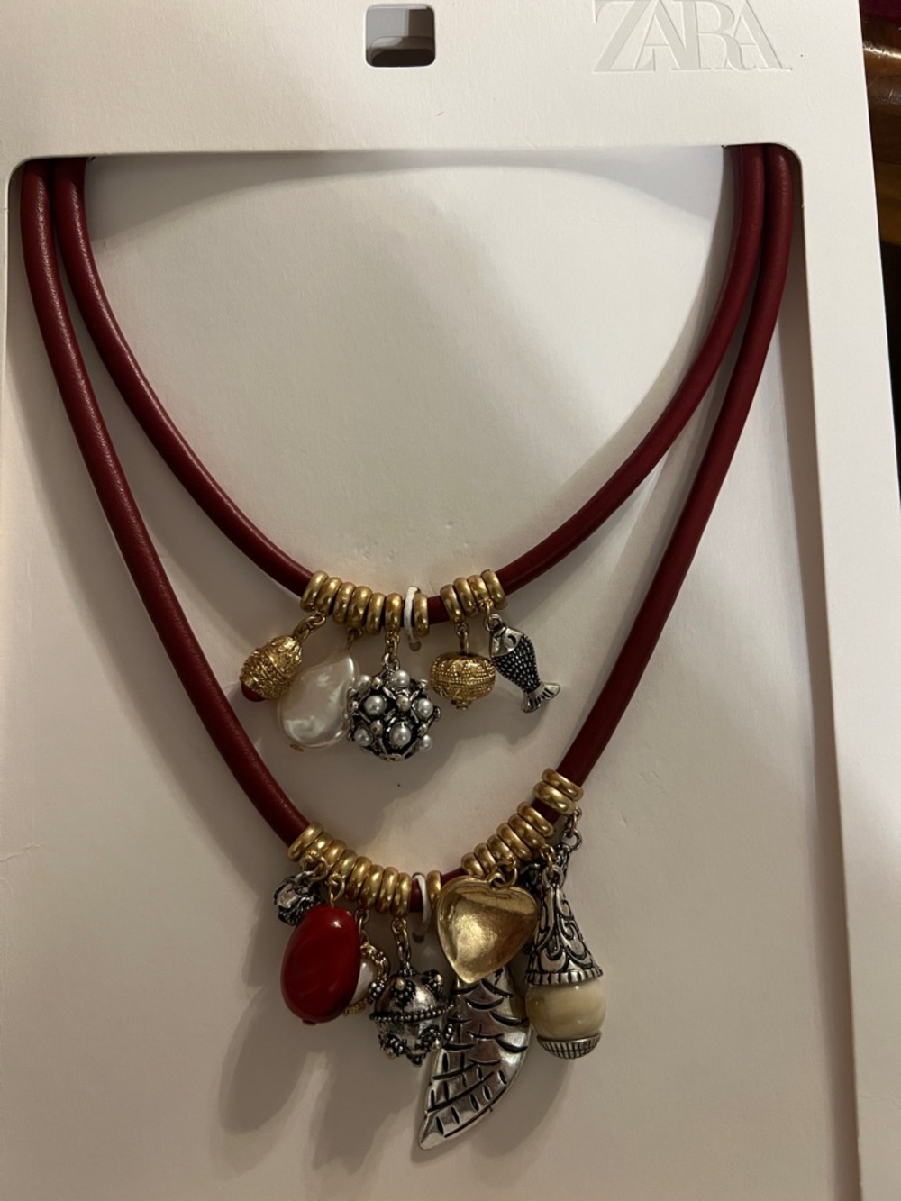 Zara Burgundy Double-Strand Charm Necklace with Mixed Metal Accents
